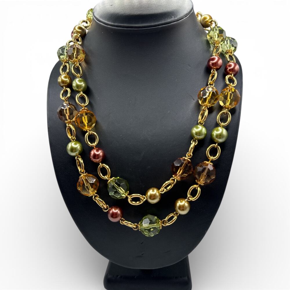 Kenneth Jay Lane (KJL) Gold Tone and Earth Tone Beaded Necklace 42”